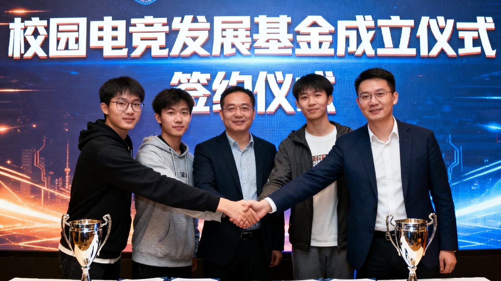 五所高校的电竞社团代表与极速电竞负责人在签约仪式上握手合影，背景是一块印有'校园电竞发展基金成立仪式'字样的LED屏幕，桌上摆放着签约文件和纪念奖杯，气氛庄重而热烈。